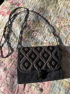 Black Suede And Tapestry Fabric, Geometric Crossbody Bag - Unbranded